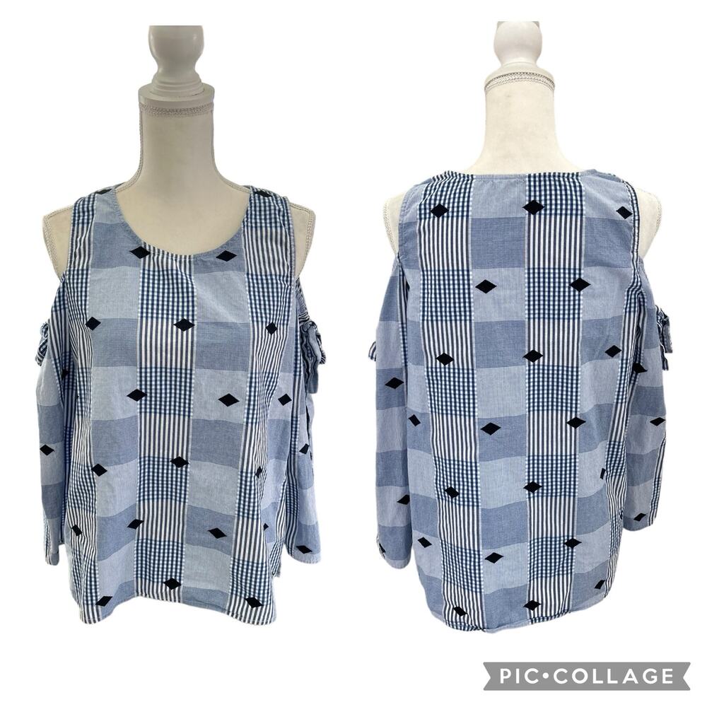 Crown & Ivy Blue White Cold Shoulder Round Neck Diamond Print Top Size Medium